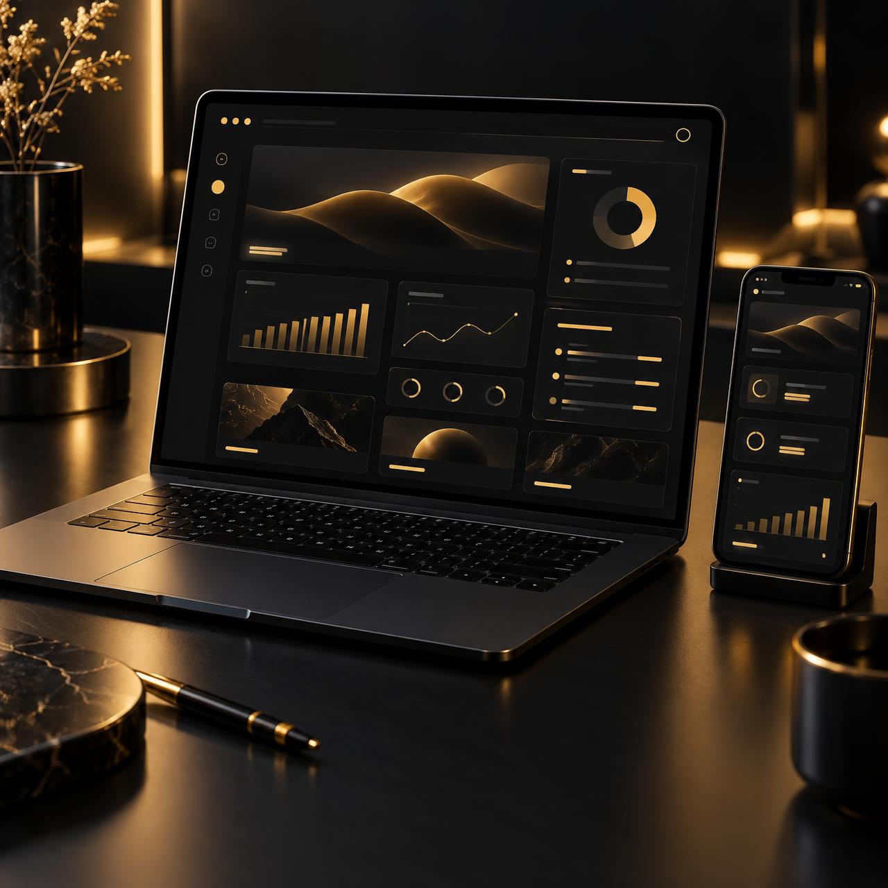 Dark-mode website and dashboard design by DigitalEmber shown on a laptop and phone with gold accents